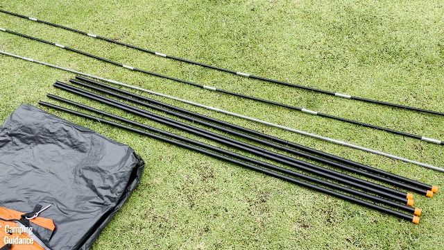 This is a picture of the 6 steel poles, as well as the 3 fiberglass poles (2 black and 1 gray), that came with the Core 10-Person Straight Wall Cabin Tent.