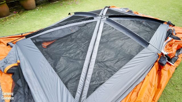 This picture shows how the roof of the Core 10-Person Straight Wall Cabin Tent will be propped up when all the fiberglass poles have been inserted into the respective pole joints.