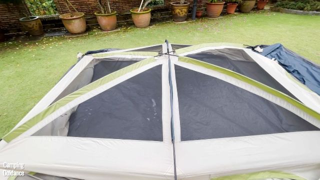 This is the roof of the Ozark Trail 10-Person Family Cabin Tent after all 3 fiberglass roof poles have been inserted into their respective elbow connectors.