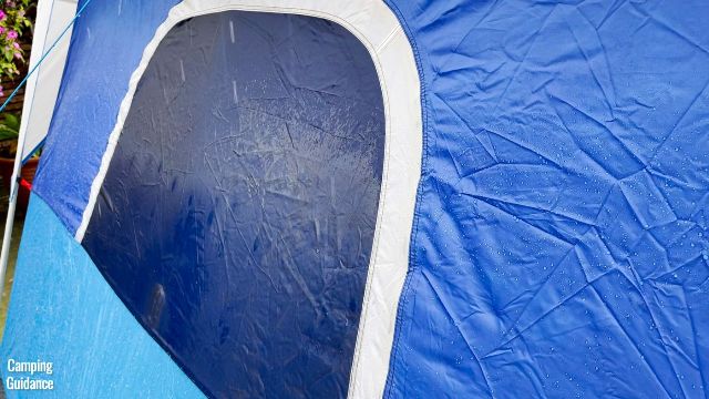 This is a picture of rain dripping onto the mesh of one of the windows (non-pull-out) of the Columbia Mammoth Creek 10-Person Tent.