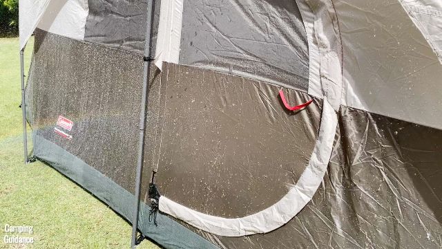 This is a picture of me spraying water on the WeatherMaster 10-Person Tent. There’s a rainbow too!