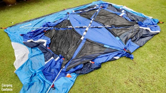 This is what the roof of the Columbia Mammoth Creek 10-Person Tent will look like when all the fiberglass roof poles have been inserted through the color pole sleeves.