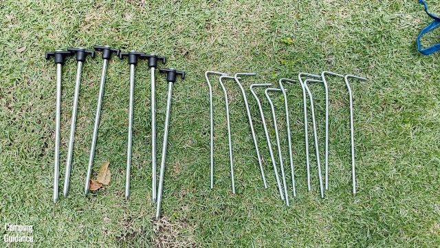 These are the 16 stakes that are provided with the Coleman 10-Person Instant Cabin Tent.