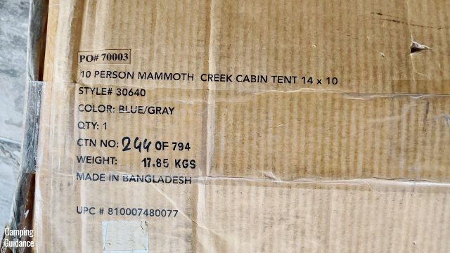 The Columbia Mammoth Creek 10-Person Cabin Tent still in its original packaging.
