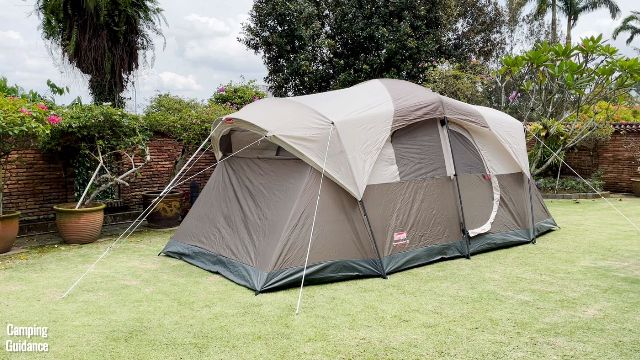This is the Coleman WeatherMaster 10-Person Tent fully set up in my yard. Notice that the angled windows are open.