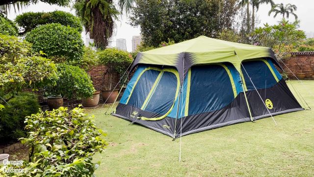 This is a picture of the Coleman 10-Person Instant Tent in my yard, which is cabin-shaped.