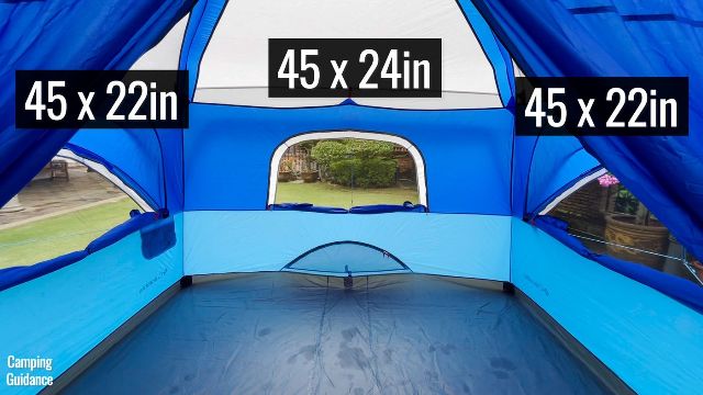 This is a picture of 3 of the windows in the Columbia Mammoth Creek 10-Person Tent, along with their respective dimensions. The 2 windows on the extreme left and extreme right at the tilted pull-out windows.