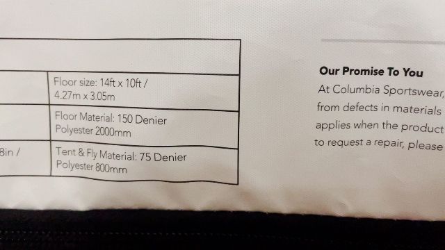 Here are some details provided by Columbia on the materials of their Mammoth Creek Tent. I found these details on the carry bag.