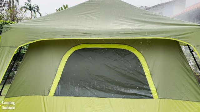 Even though the rainfly is held away from the tent body of the Outdoor Products 10-Person Instant Cabin Tent, part of the window mesh still gets damp from the water. And this is from only light to moderate rain so far, without any wind.