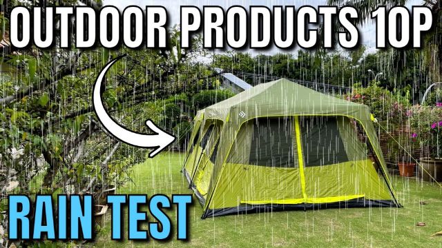 This is a picture of the Outdoor Products 10-Person Instant Cabin Tent in the rain in my yard (this is the picture that I used for my thumbnail of the "Outdoor Products Tent Rain Test" video on YouTube.
