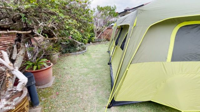 This is a picture of the side walls of the Outdoor Products 10-Person Instant Cabin Tent, which are almost vertical.