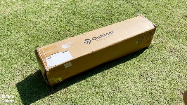 This is what the Outdoor Products 10-Person Instant Cabin Tent's outer cardboard packaging looks like.
