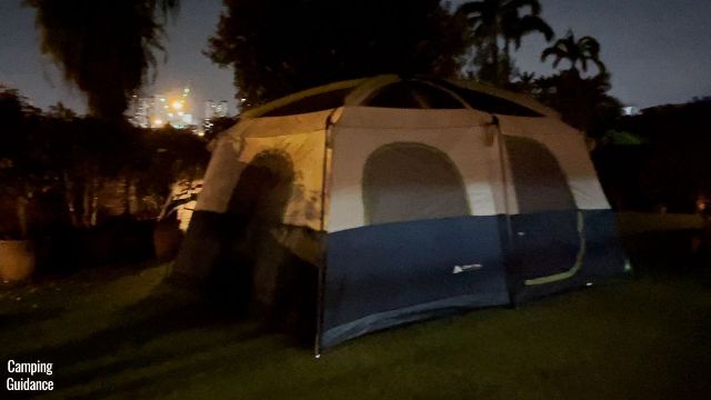 This is a picture of my Ozark Trail 10-Person Cabin Tent at night in my yard, without the rainfly.