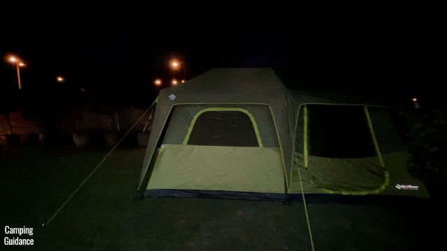 This is a picture of my Outdoor Products 10-Person Instant Cabin Tent in my yard at night.