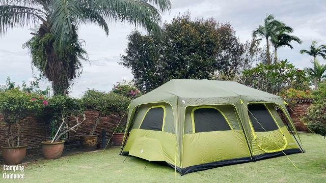 This is a picture of my Outdoor Products 10-Person Instant Cabin Tent in my yard. It is fully staked down and guyed out, so it could withstand light wind.