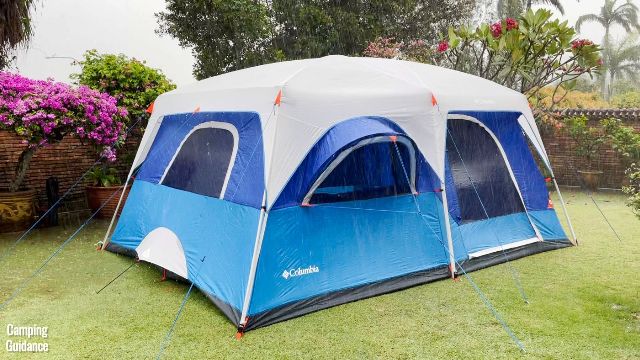 This is a picture of my Columbia Mammoth Creek 10-Person Cabin Tent withstanding heavy rain and light to moderate rain in my yard. It is fully staked down, and guyed out with all 10 guylines. In the picture, you will be able to see 6 guylines.