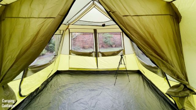 This is what all 3 doors in the Outdoor Products 10-Person Instant Cabin Tent look like with only the bug net open for some ventilation.