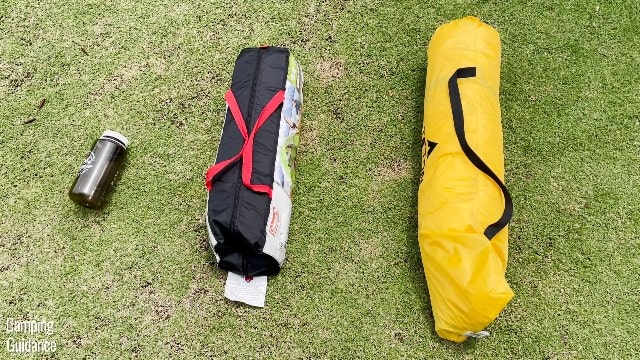 This is what my Teton Sports 2-Person Vista Quick Tent (right) looks like beside a Coleman 2-Person Sundome Tent (middle) and a 32-ounce Nalgene bottle (left).