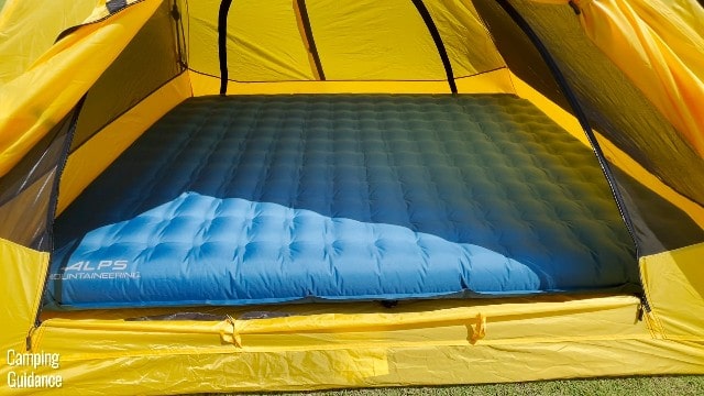 This is what an almost Queen-sized camping mattress looks like inside the Teton Sports 2-Person Vista Quick Tent. Notice there’s a few inches of space leftover near the door.