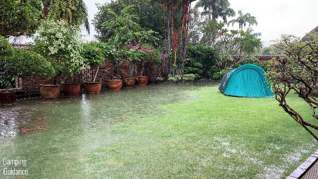 This is a picture of my Quechua 2 Seconds Pop Up Tent in my yard. This was one of my heaviest rain tests; notice that half my yard has been flooded by the constant rainfall.