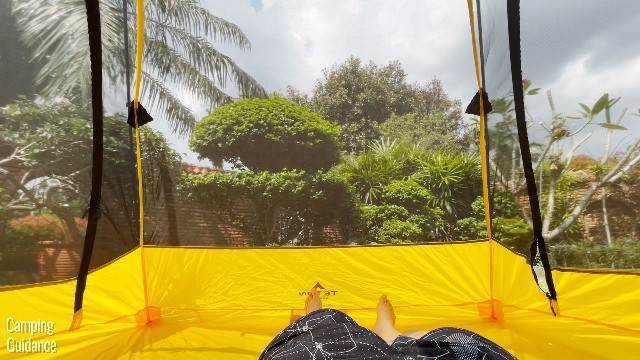 This is a picture of me lying down inside my Teton Sports 2-Person Vista Quick Tent, with the rainfly off. It has such a nice view.