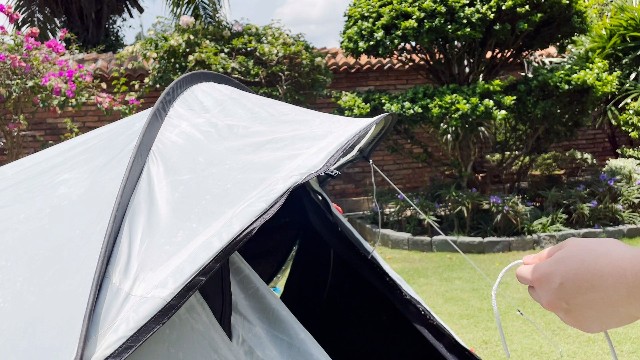This is what the guy-out point (without the guyline) on my Quechua 2 Seconds Fresh and Black Tent looks like.