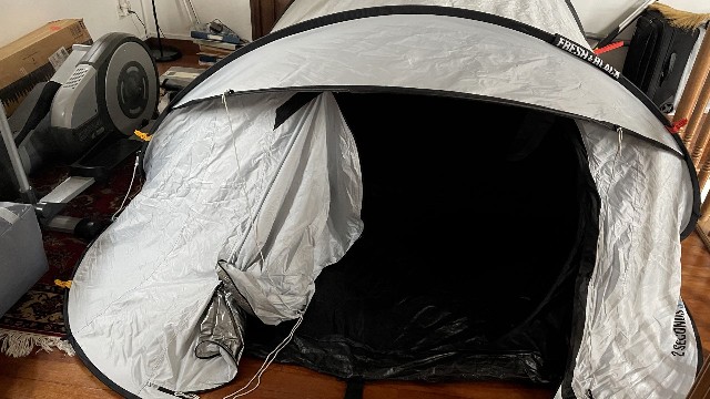 This is a picture of my Quechua 2 Seconds Fresh and Black 3-Person Tent indoors.