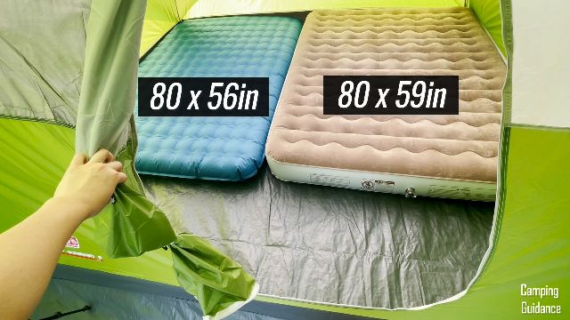 This is what 2 queen beds looks like inside the Coleman Evanston 6-Person Tent. These are the Alps Mountaineering Vertex Queen (left, blue), and the Etekcity Upgraded Camping Mattress (right, brown).