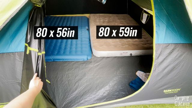Here are 2 almost queen mattresses inside a Coleman 6-person dark room Sundome tent.