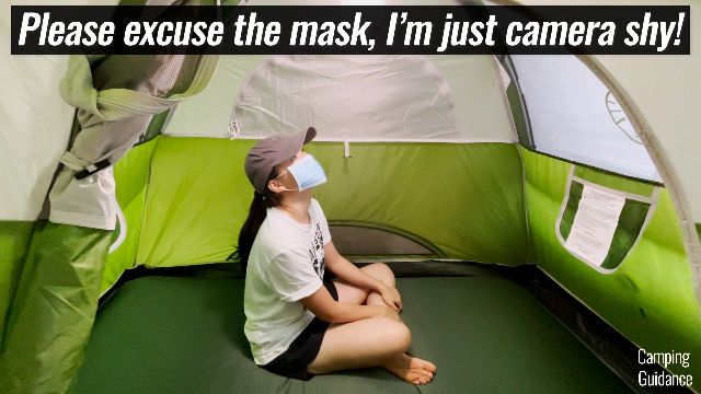 This is a picture of me sitting on my Exped MegaMat Duo 10 (4 inches thick) inside the Coleman Sundome 2-Person Tent.