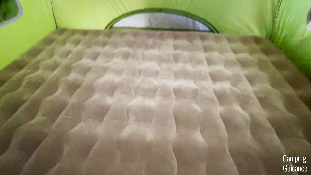 This is my Etekcity Upgraded Camping Mattress inside my Coleman 2-Person Sundome Tent. It has dimensions of 80 by 59 inches, and notice that it’s right up close to the sides of the tent.