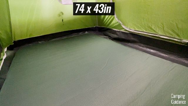 This is what my Exped MegaMat Duo 10 (with dimensions of 74 by 43 inches) looks like inside the Coleman 2-Person Sundome Tent. Notice a few inches of space around the pad.