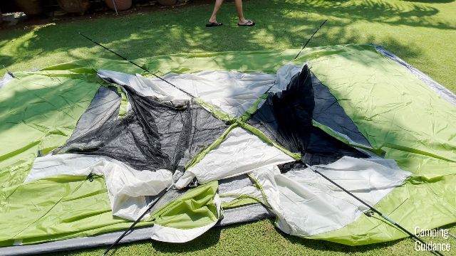 Here are 2 of the fiberglass poles of the Coleman Montana 8-Person Tent (after having been inserted into the pole sleeves); these are propping up the main tent body.
