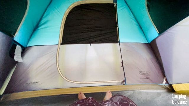 A picture of me lying down in the Coleman Carlsbad Tent with all the windows and door closed.