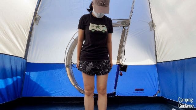 This is what the hinged D-door of the Coleman Elite Sundome Tent looks like when I stand in front of it.