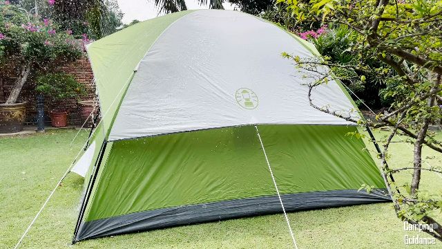 Water running over the side wall of the Coleman Sundome 6-Person Tent.