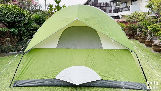 Water running over the back wall of the Coleman Sundome 6-Person Tent.