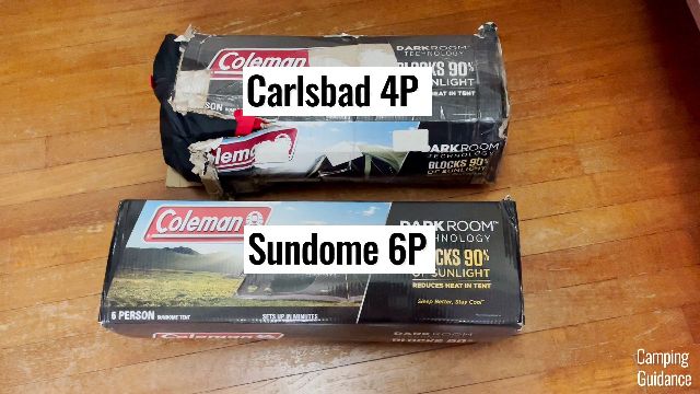 The Coleman Carlsbad 4-Person Tent beside the Coleman Sundome 6-Person Tent for a size comparison.