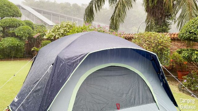 This is the front of the Coleman Skydome Tent under heavy rain.
