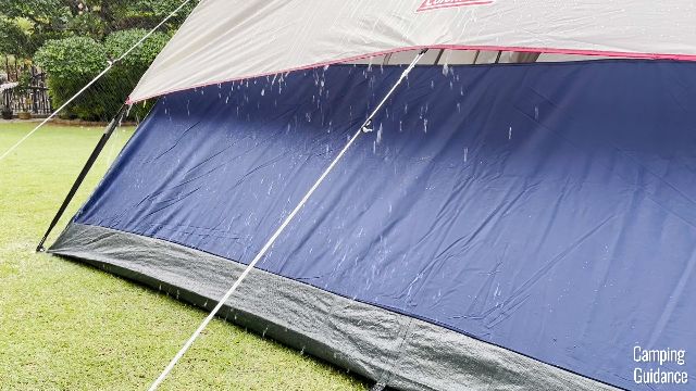 This is one of the mesh wall vents in the Coleman Elite 6-Person Sundome Tent, in the rain.