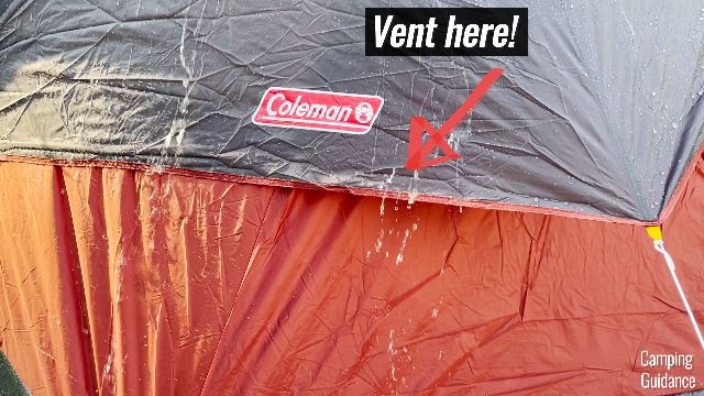 This is one of the vents of the Coleman Red Canyon 8-Person Tent under heavy rain. There are 2 of these vents on the 2 widths of the tent.