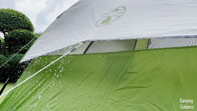 This is one of the mesh wall vents in the Coleman Sundome 6-Person Tent, in the rain.