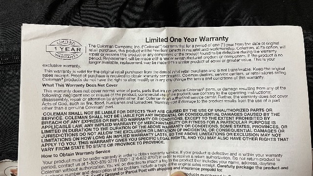 This is a picture of Coleman's limited 1-year warranty for all their Coleman tents.