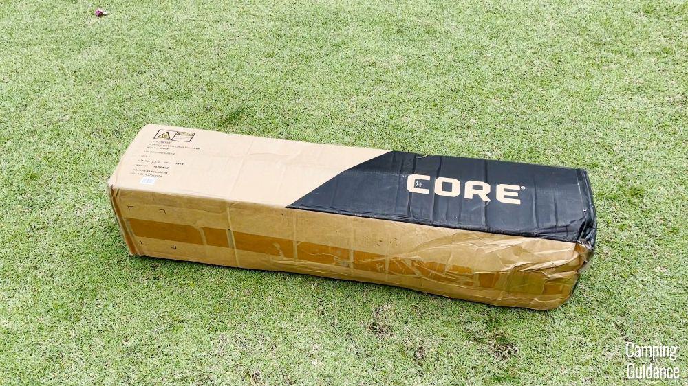 The outer packaging of the Core Instant Cabin Tent before unboxing.