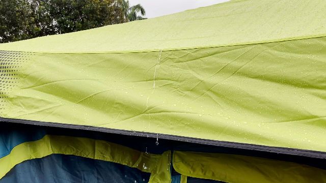 Rain dripping off the rainfly of the Coleman Instant 10.