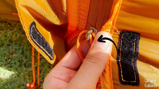 A close-up shot of the SBS zippers of one of the vestibule doors.