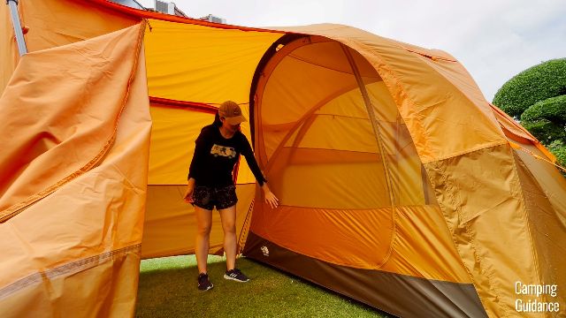 The author opening the front door of The North Face Wawona 6