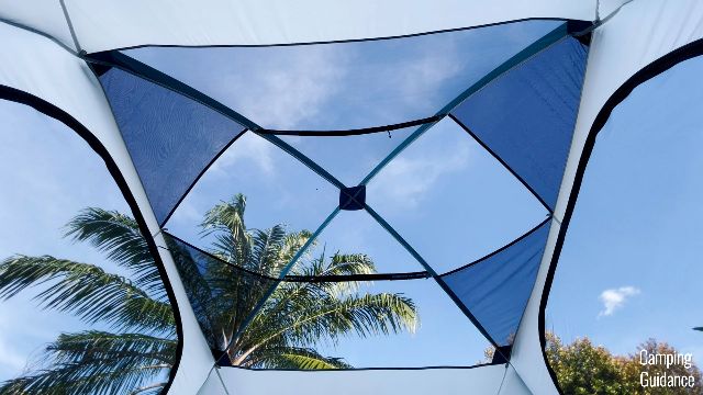 The ceiling mesh of the REI Base Camp 6 without the rainfly.
