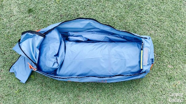 What the tent body and rainfly of the Eureka LX 6 look like when packed into the carry bag.