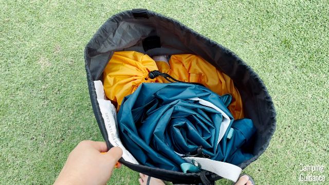 The top-down view of the carry bag of the REI Base Camp 6.